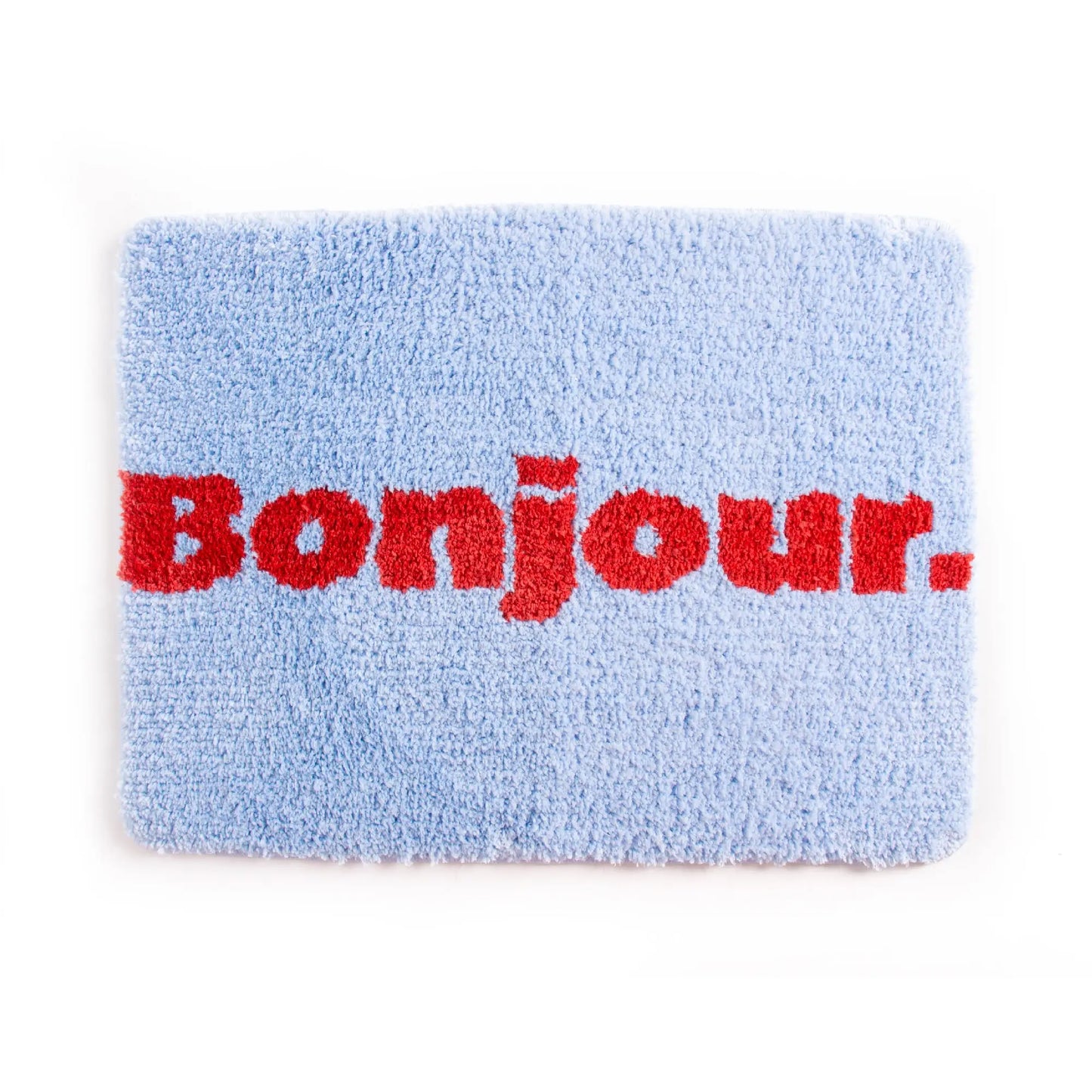 Tapis de bain Bonjour bleu, texture agréable pour un choix d’espace frais