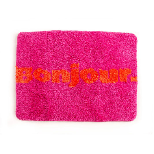 Tapis de bain bonjour rose vibrant, rose pelucheux avec broderie orange