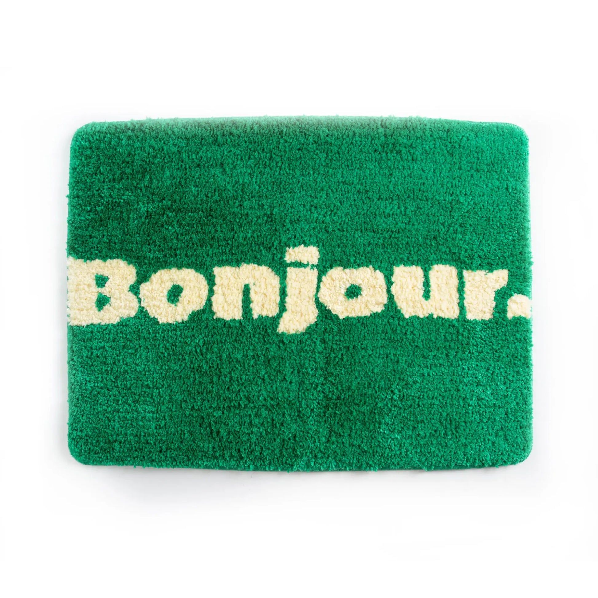 Tapis de bain Bonjour vert rectangulaire avec Bonjour en crème, d’énergie positive pour routine quotidienne