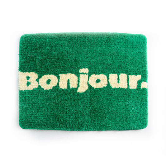 Tapis de bain Bonjour vert rectangulaire avec Bonjour en crème, d’énergie positive pour routine quotidienne