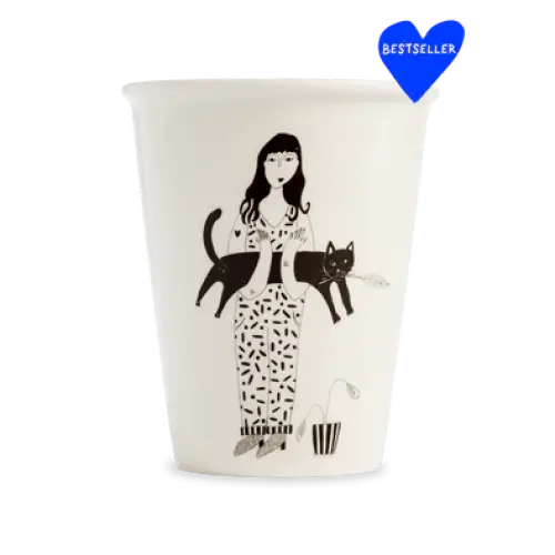 Mug espiègle tasse black cat avec illustration femme et deux chats, pause café
