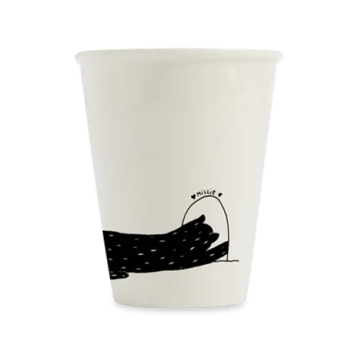 Tasse Millie and Vanillie avec pause café, illustration main dans trou, blanc