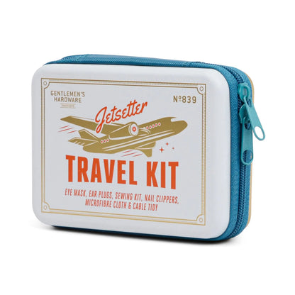 Kit Jet Setter blanc et turquoise avec avion vintage et bouchons d’oreilles pour voyager léger