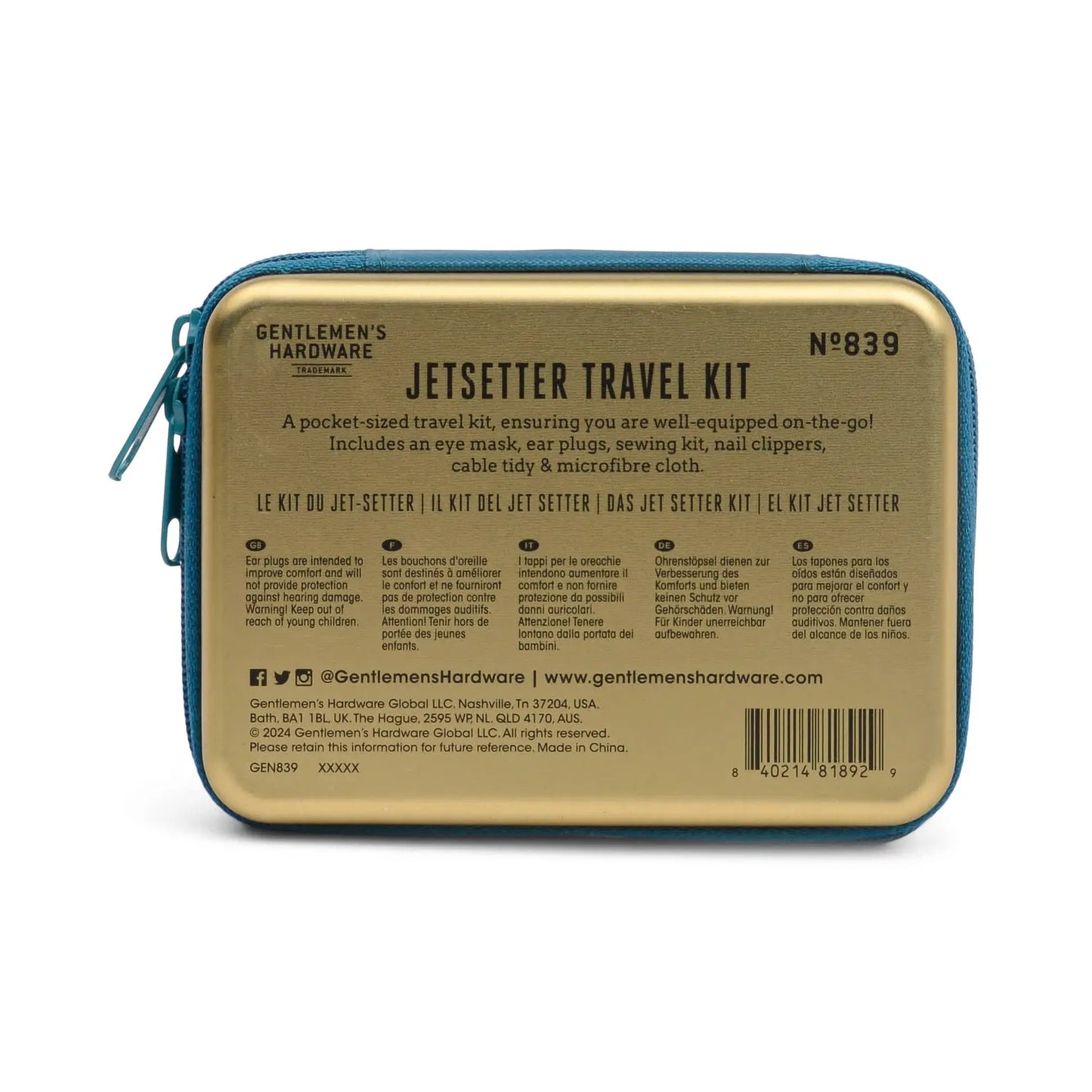 Kit de voyage Jet Setter compact en teal et or avec bouchons d’oreilles