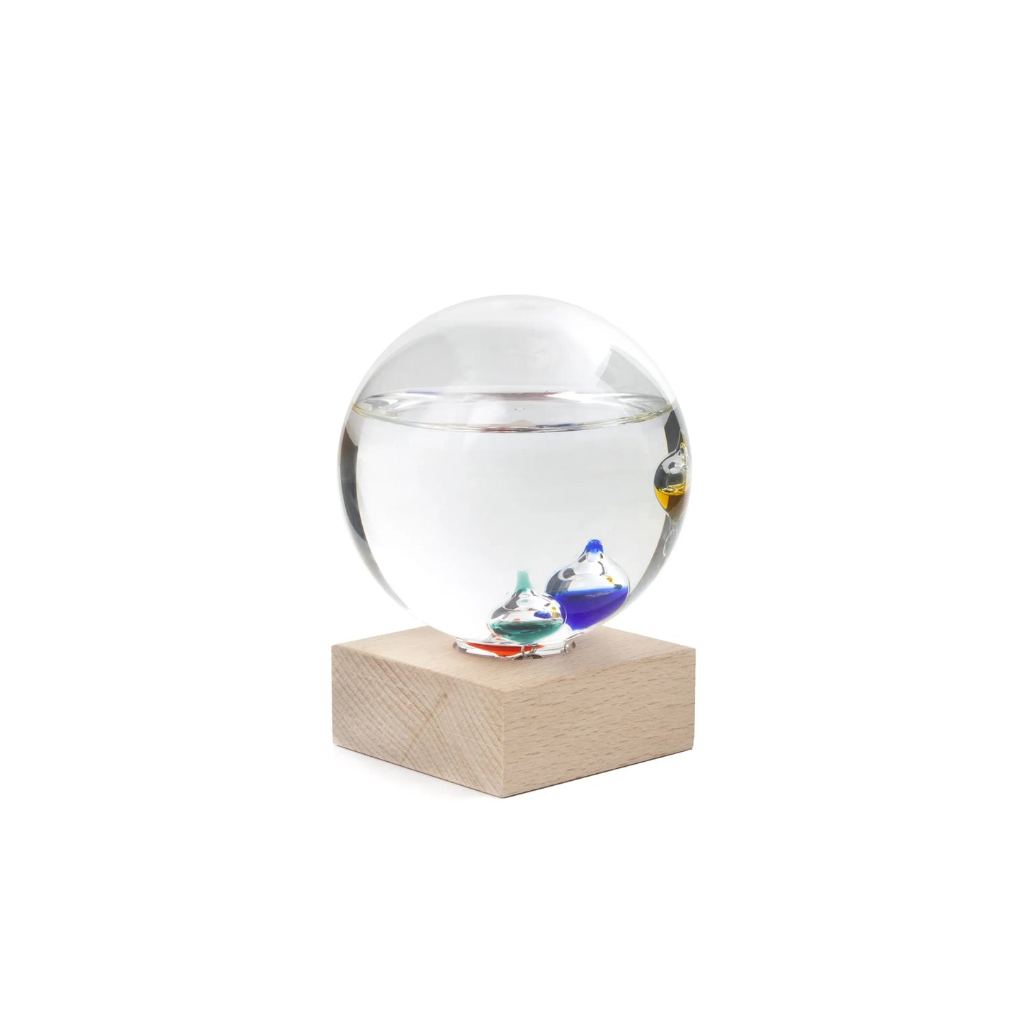 Thermomètre Galilée : sphère verre clair avec gouttelettes liquides colorées sur base bois noble
