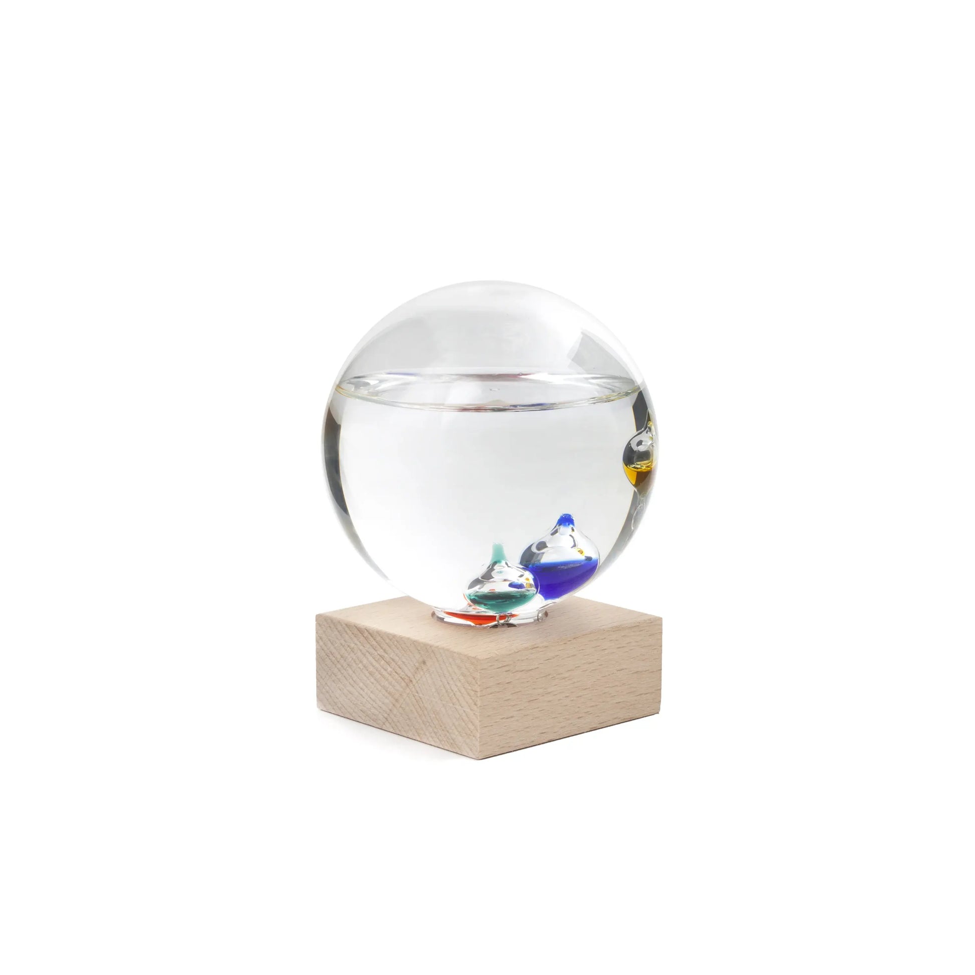 Thermomètre Galilée : sphère verre clair avec gouttelettes liquides colorées sur base bois noble