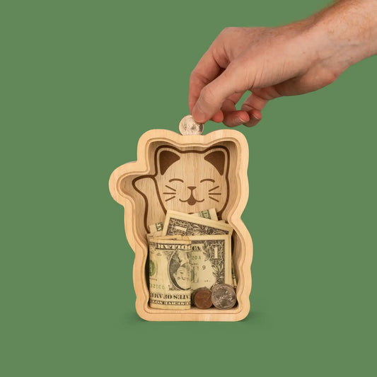 Tirelire Maneki Neko en bois clair, design épuré culture japonaise