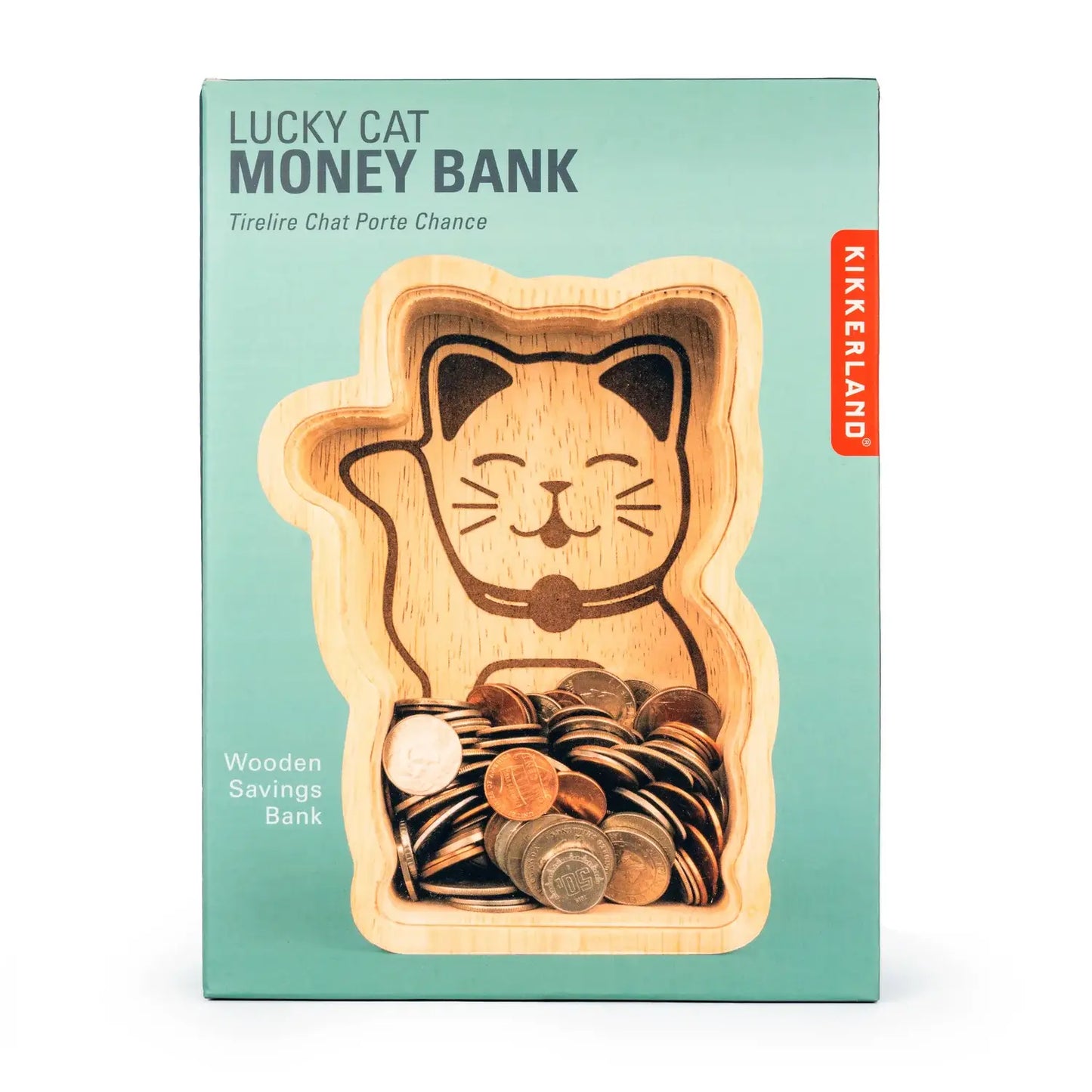 Tirelire Maneki Neko en bois clair, design épuré de culture japonaise