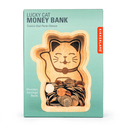 Tirelire Maneki Neko en bois clair, design épuré de culture japonaise
