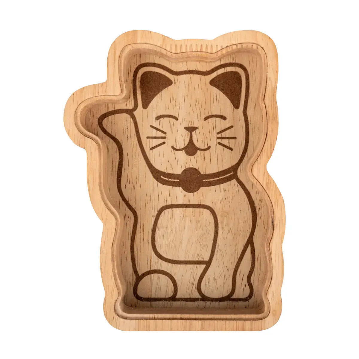Tirelire Maneki Neko en bois clair, forme chat souriant design épuré culture japonaise