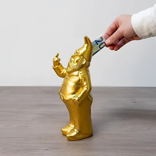 Tirelire nain fuck doré en résine, design amusant pour amateurs d’objets décalés