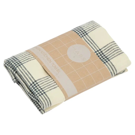 Torchon de cuisine en lin gris et crème avec bande en papier, lin européen style