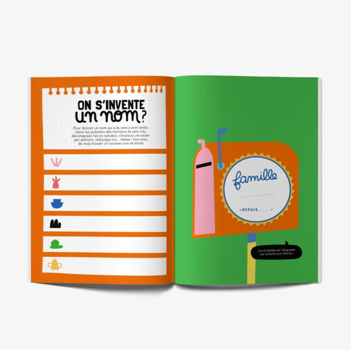 Livre à remplir Ma Tribu Recomposée avec pages orange vertes pour inventer noms de famille