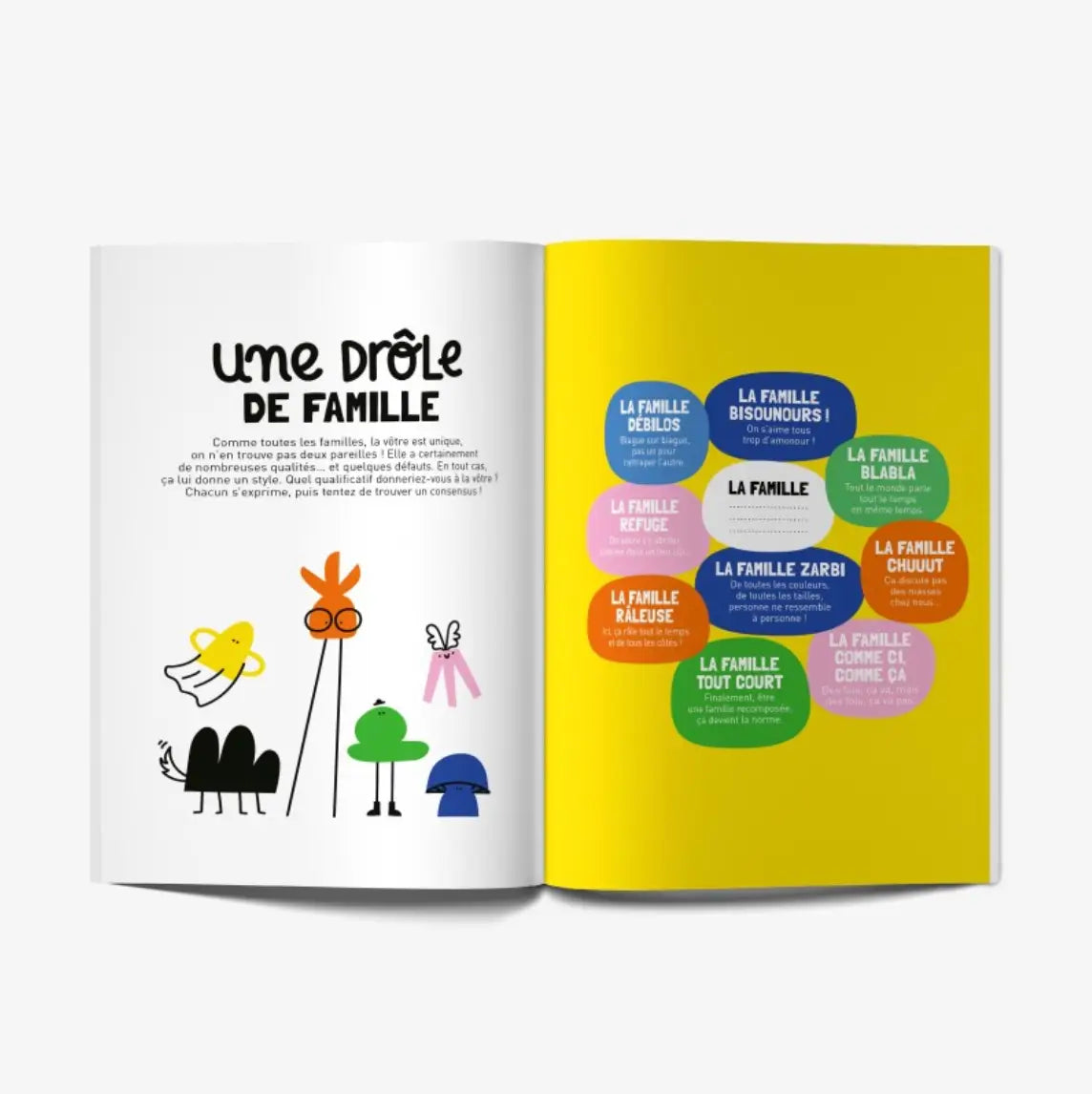Livre à remplir Ma Tribu Recomposée ouvert avec pages jaunes illustrées