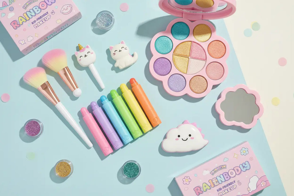 Children's makeup kit with pencils, brushes and eyeshadows