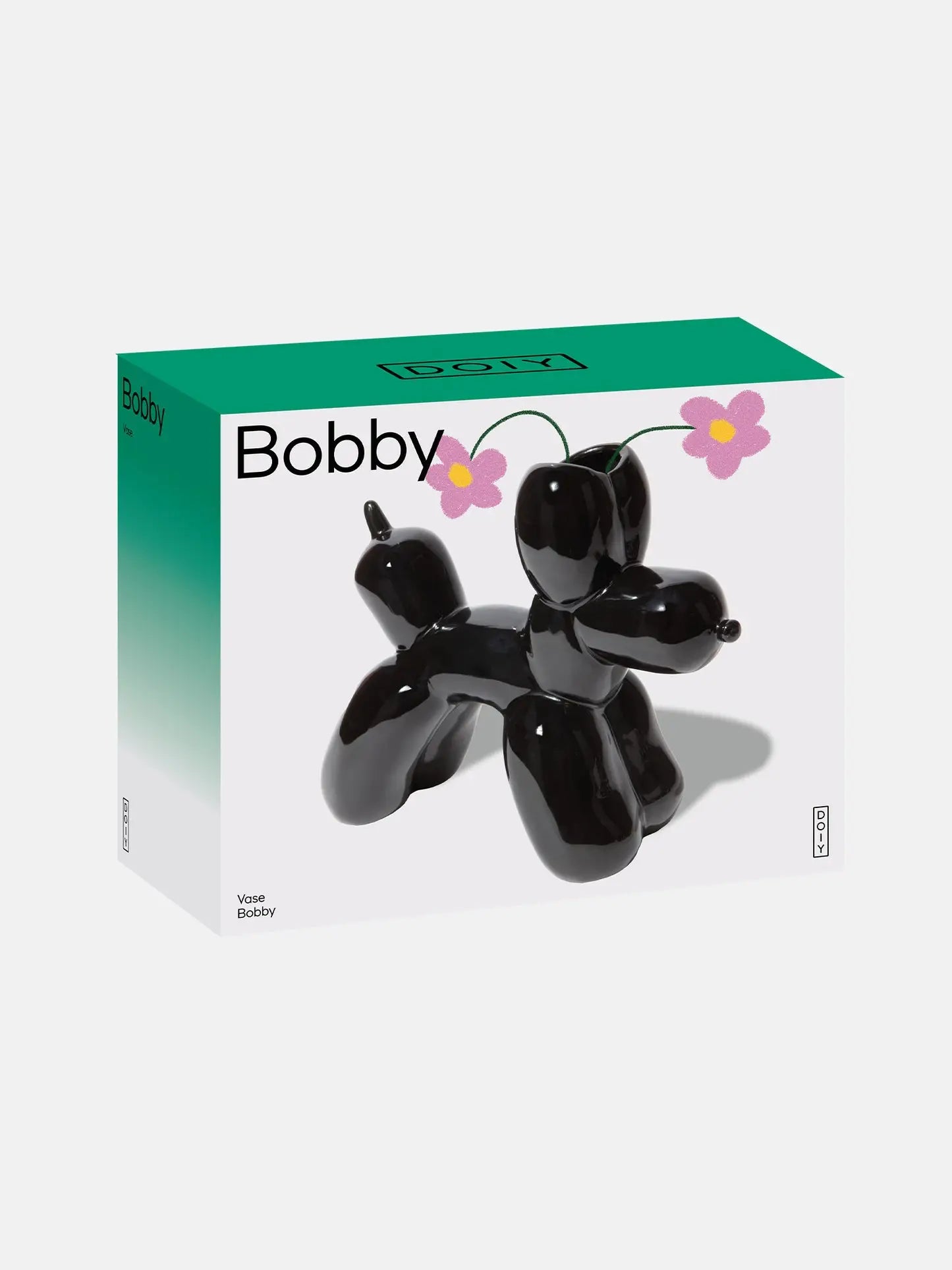 Vase sculptural Bobby en céramique noire brillante, chien ballon avec fleurs roses