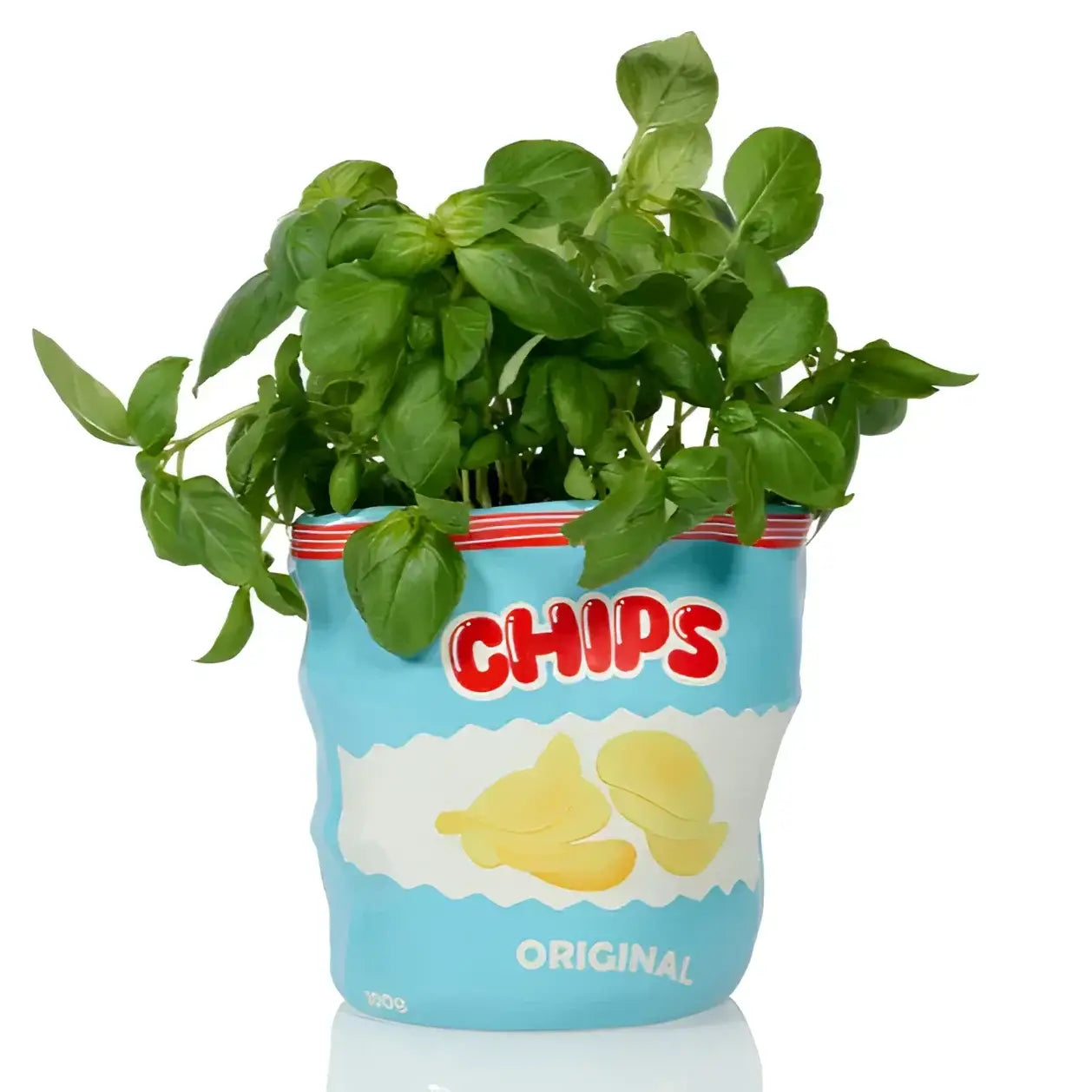 Vase bol paquet de chips design décalé avec basilic vert vibrant