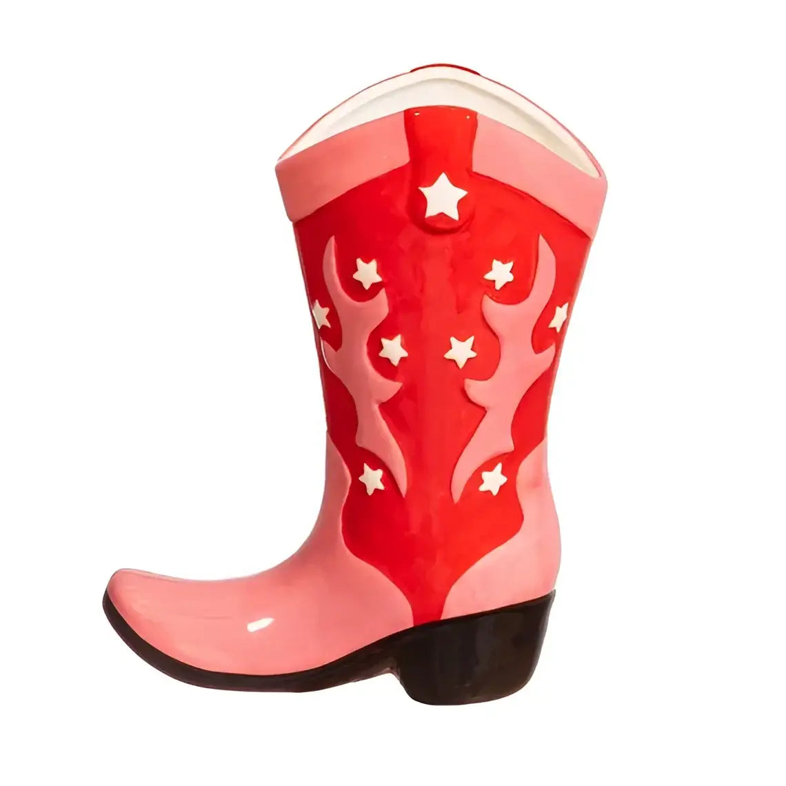 Vase botte de cowboy Santiag rouge vif orné d’étoiles et flammes western