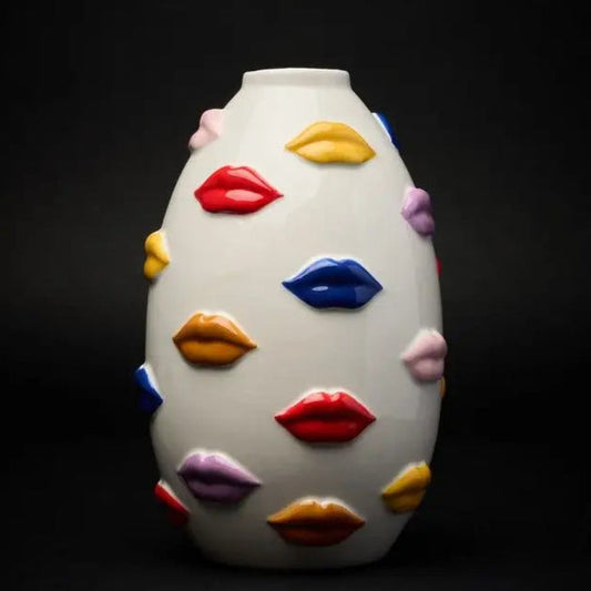 Vase bouches multicolore en céramique blanche avec design coloré en relief