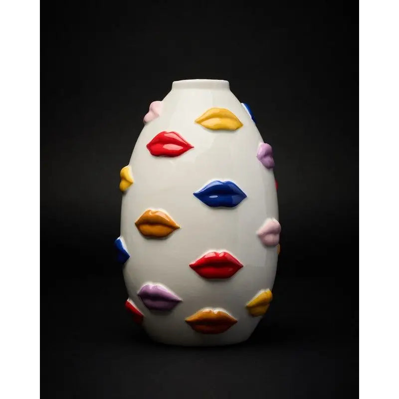 Vase Bouches Multicolore en céramique blanche avec motifs relevés colorés