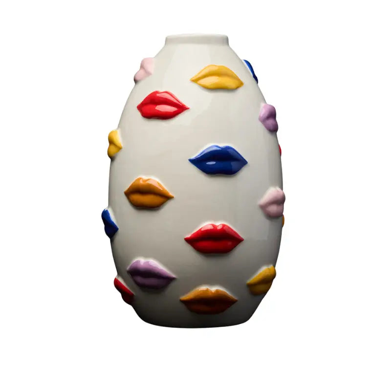 Vase Bouches Multicolore : vase design blanc en forme doef orné de lèvres colorées relevées, objet déco