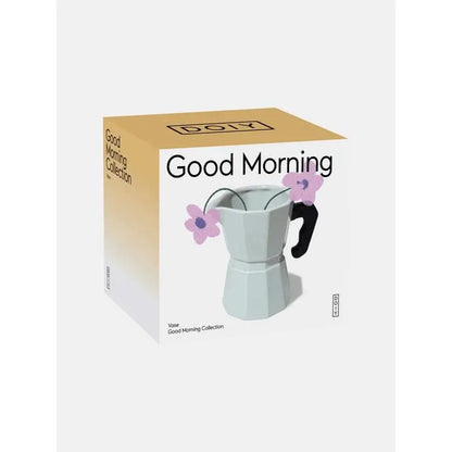 Vase Cafetière Doiy bleu clair en forme cafetière, poignée noire, fleurs violettes, idée cadeau déco intérieure