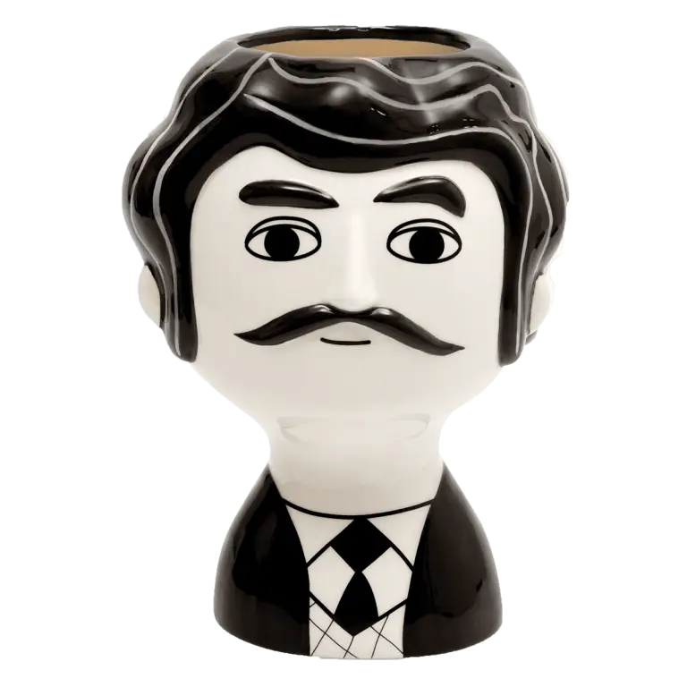 Vase Carlos Noir Et Blanc : tête d’homme en céramique noir et blanc, cheveux ondulés, moustache, costume, texture lisse