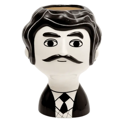Vase Carlos Noir Et Blanc : tête d’homme en céramique noir et blanc, cheveux ondulés, moustache, costume, texture lisse