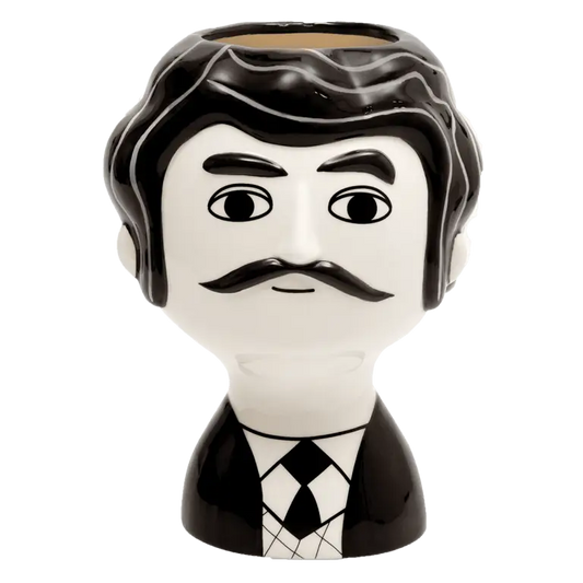 Vase Carlos Noir Et Blanc : tête d’homme en céramique noir et blanc, cheveux ondulés, moustache, costume, texture lisse