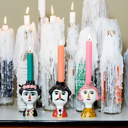 Vase Carlos Noir: porte-bougies céramique faces mexicaines texturées lisses