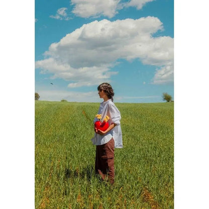 Femme tenant vase cœur rouge fleuri en champ pour déclaration d’amour chaleureuse