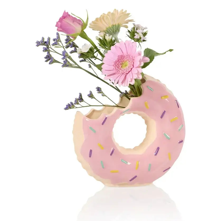 Vase Floaty Donut rose en forme de donut avec paillettes colorées et bouquet de fleurs