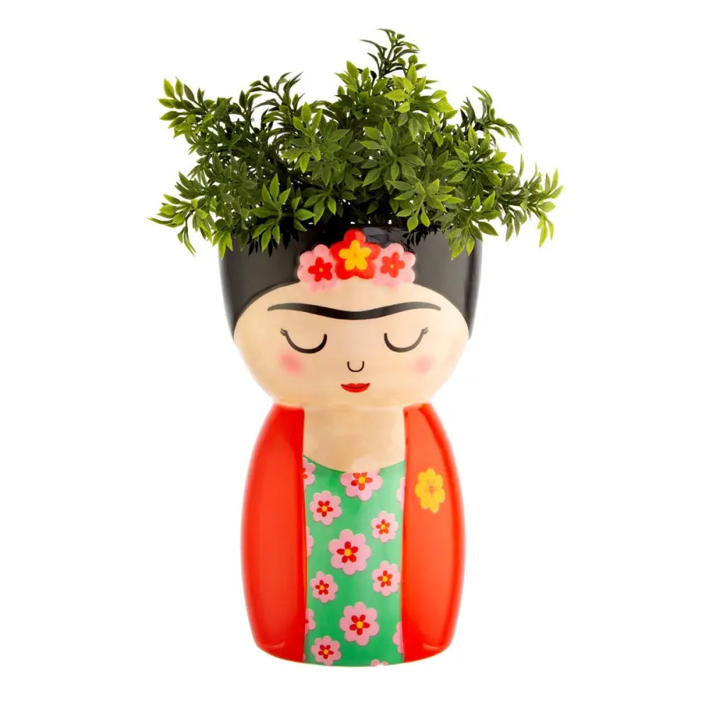 Vase inspiré de Frida Kahlo en céramique colorée avec feuillage vert, format idéal
