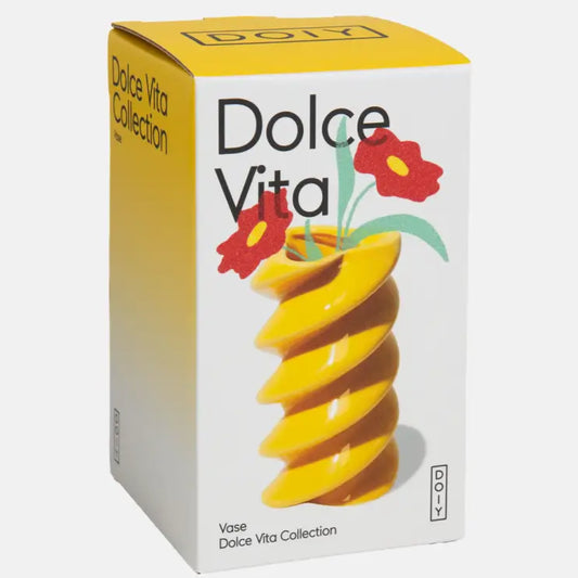 Boîte pour vase fusilli avec illustration d un vase spiral jaune et fleurs rouges plus qu’un simple