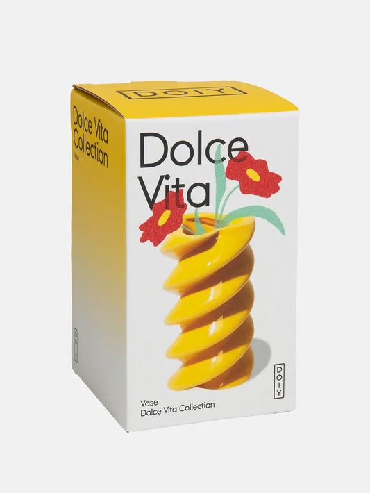 Boîte vase Fusilli Dolce Vita : spirale jaune avec fleurs rouges