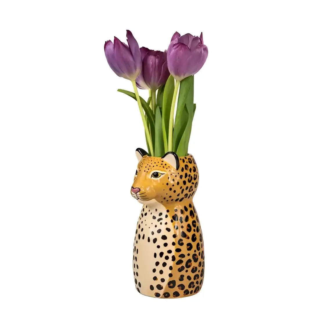 Vase Léopard céramique en forme de léopard avec taches noires, visage peint et trois tulipes pourpres de la collection wild animals à touche sauvage
