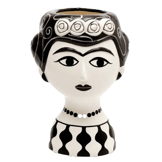 Vase Marisol noir et blanc en style graphique moderne, portrait stylisé de Frida Kahlo