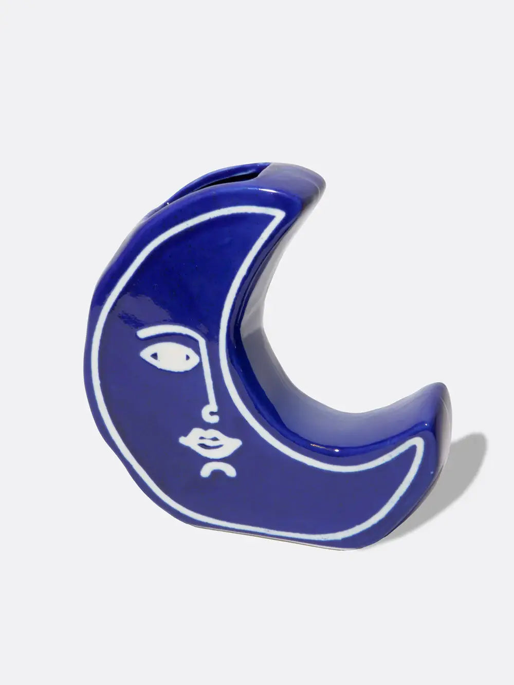 Vase Moon Évoque : vase céramique bleu cobalt lustré en lune croissante avec silhouette Évocatrice blanche, idée cadeau