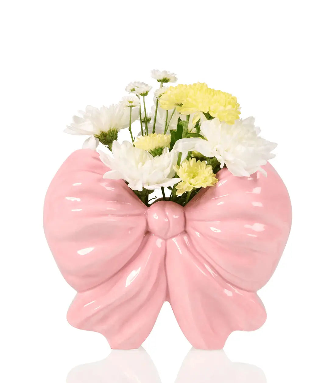 Vase Nœud Rose rose lustré avec fleurs blanches et jaunes, produits exclusifs