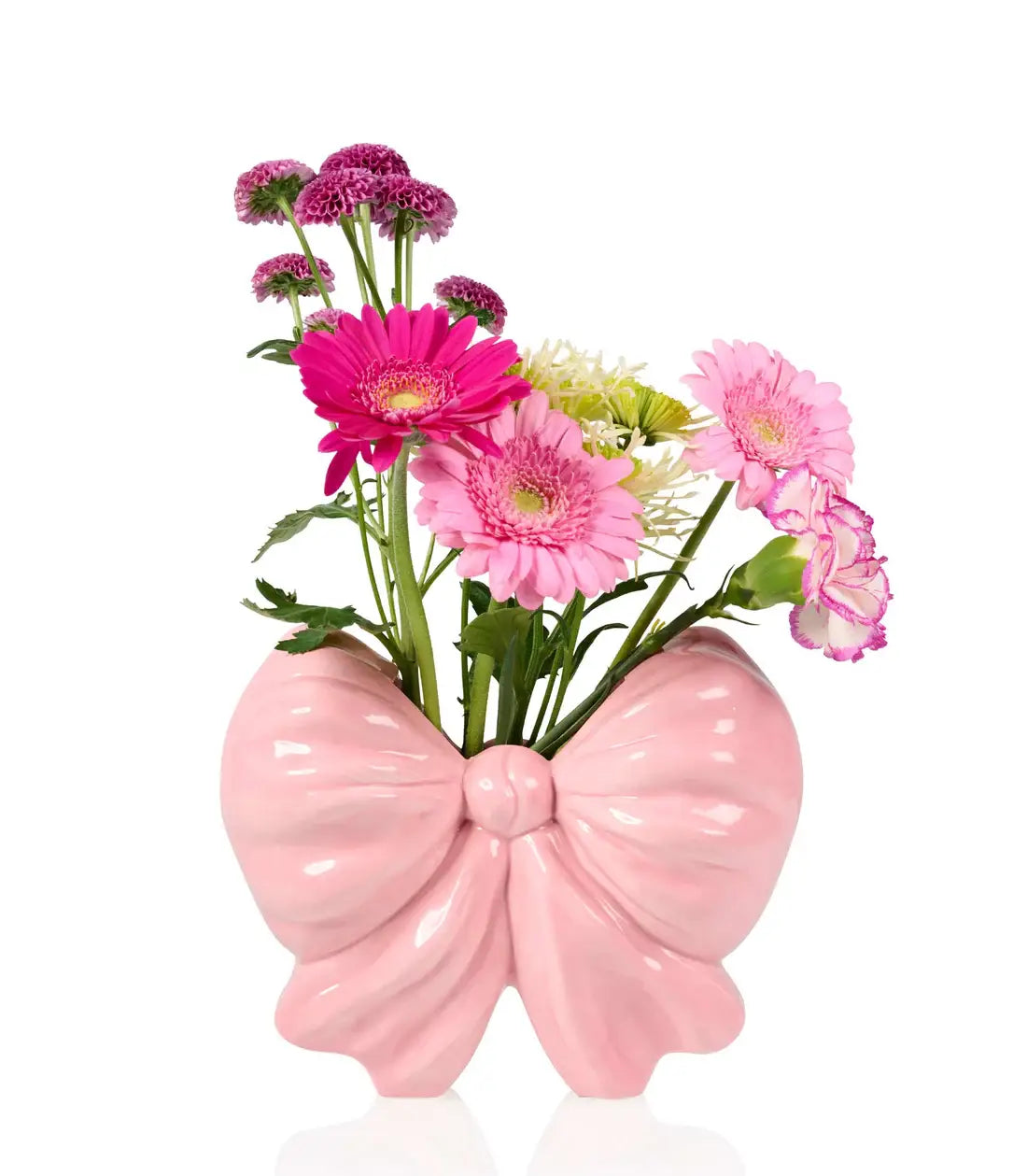 Vase Nœud Rose rose rempli de fleurs roses, fuchsia et vert clair, produit exclusif