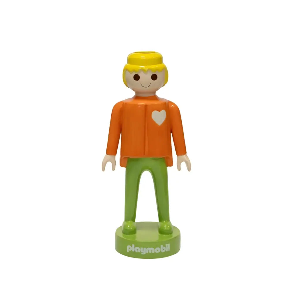 Vase Playmobil 35 cm orange avec figurine blonde en veste orange cœur blanc