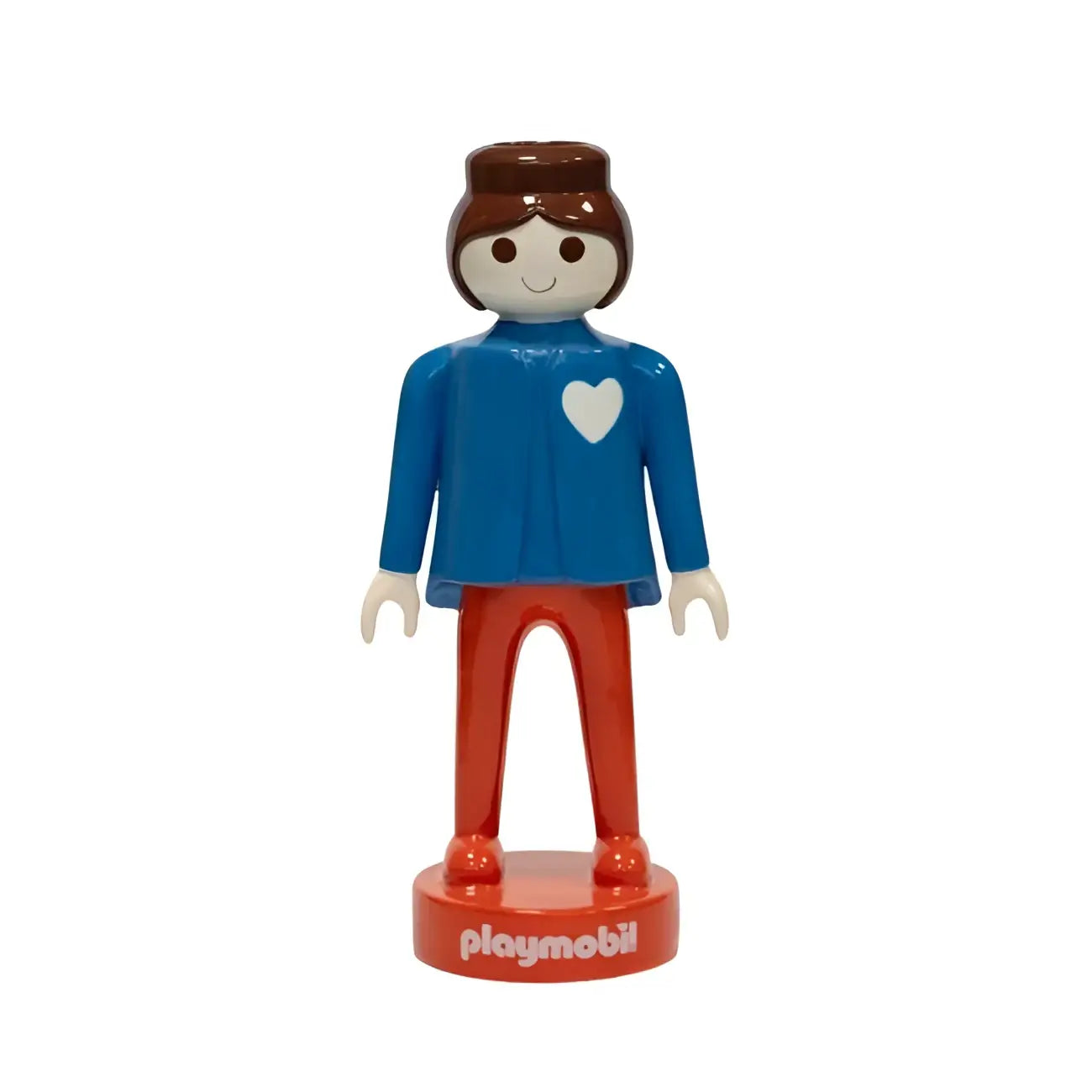 Figurine Playmobil brune en veste bleue cœur blanc et pantalon rouge dans vase bleu 35cm
