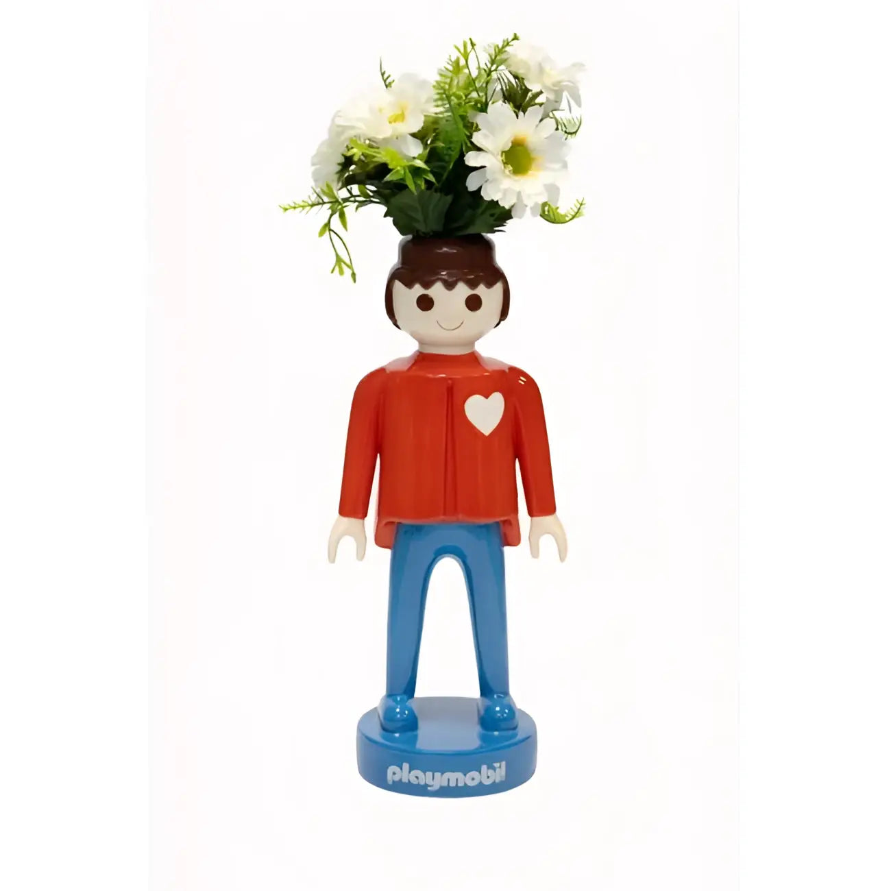 Vase Playmobil 35cm rouge avec figurine cœur blanc et marguerites