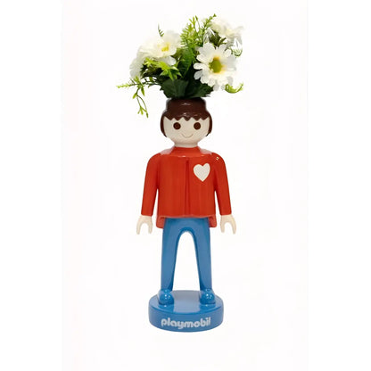 Vase Playmobil 35cm rouge avec figurine cœur blanc et marguerites