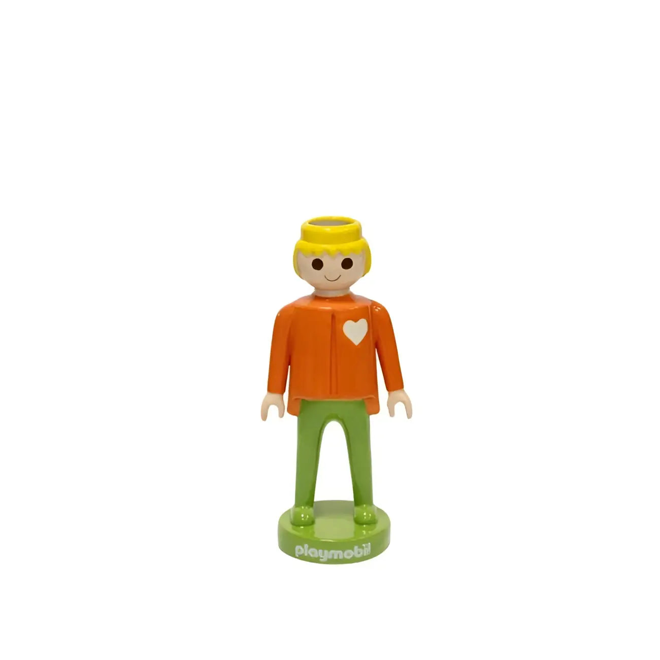 Vase Playmobil orange 25cm avec figurine orange et verte, chapeau jaune et cœur blanc