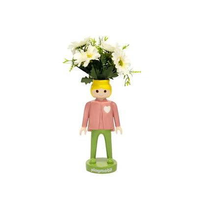 Vase Playmobil Rose 25cm en céramique rose avec figurine et marguerites