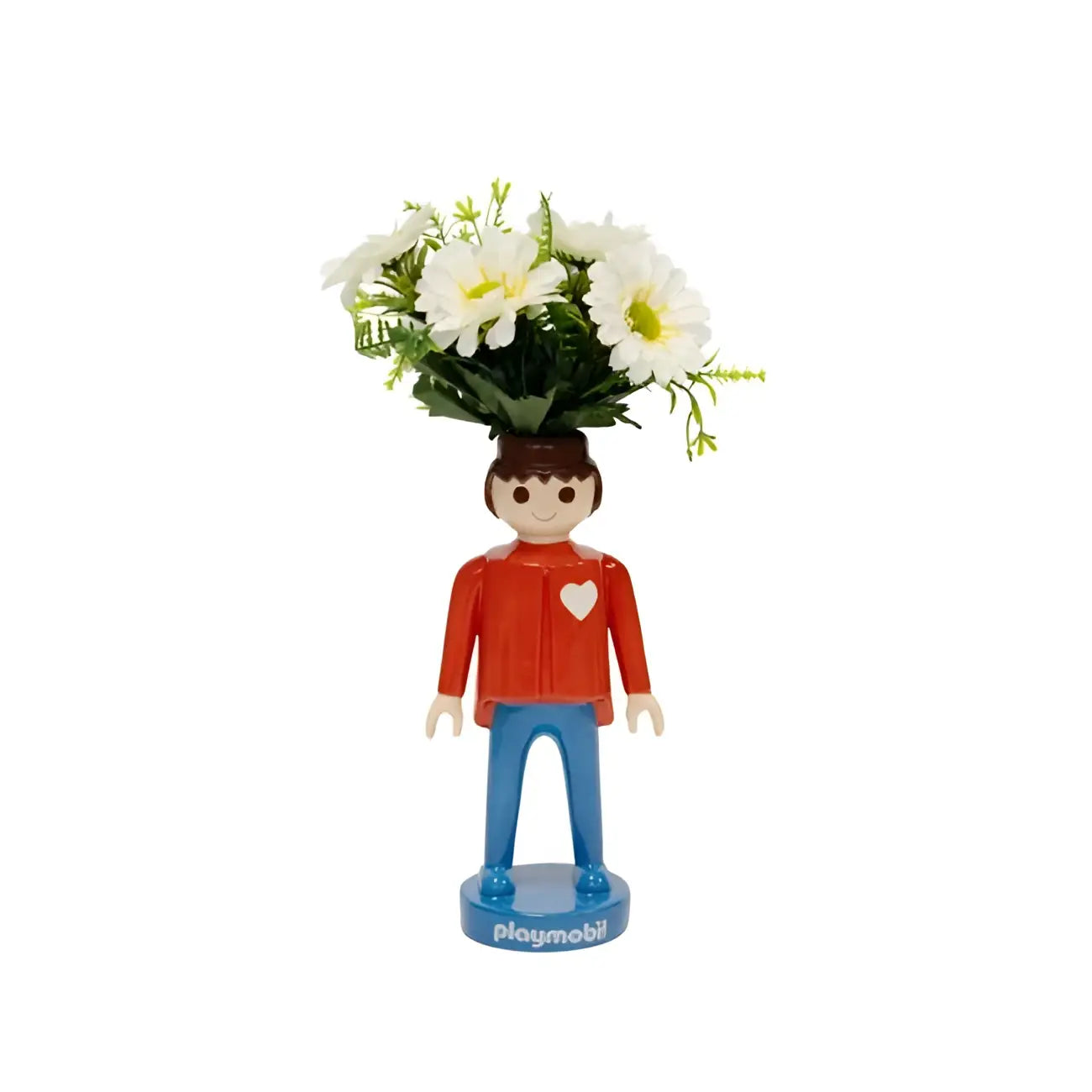 Figurine Playmobil rouge 25cm avec bouquet de marguerites blanches sur la tête