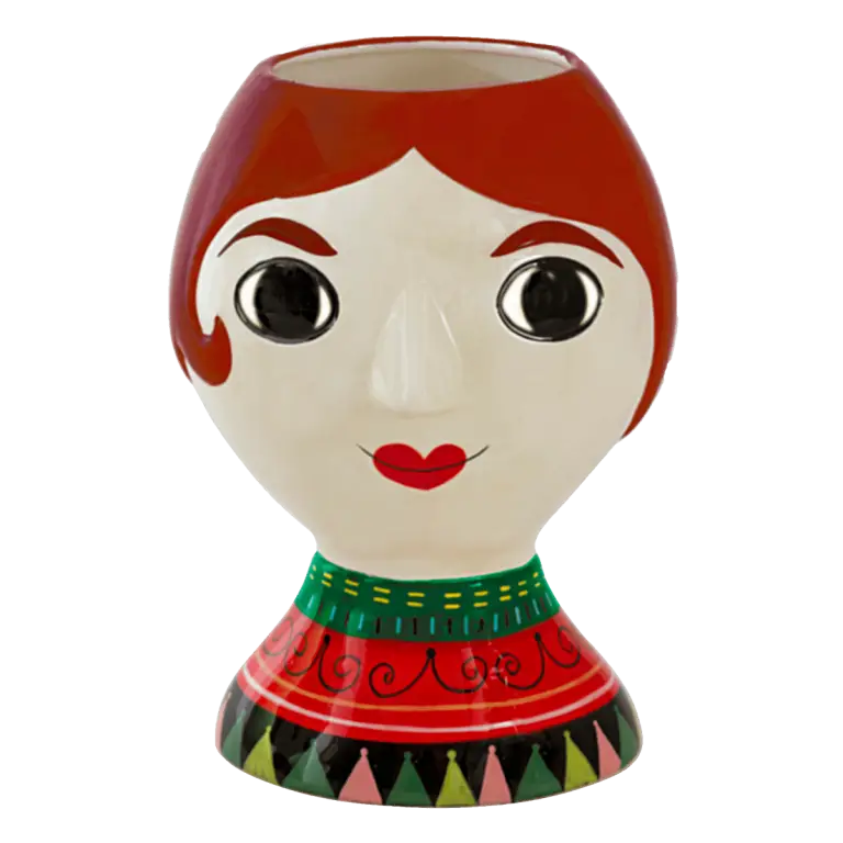 Vase Señora: femme stylisée en céramique, cheveux roux, lèvres rouges, robe verte et rouge pour créativité florale