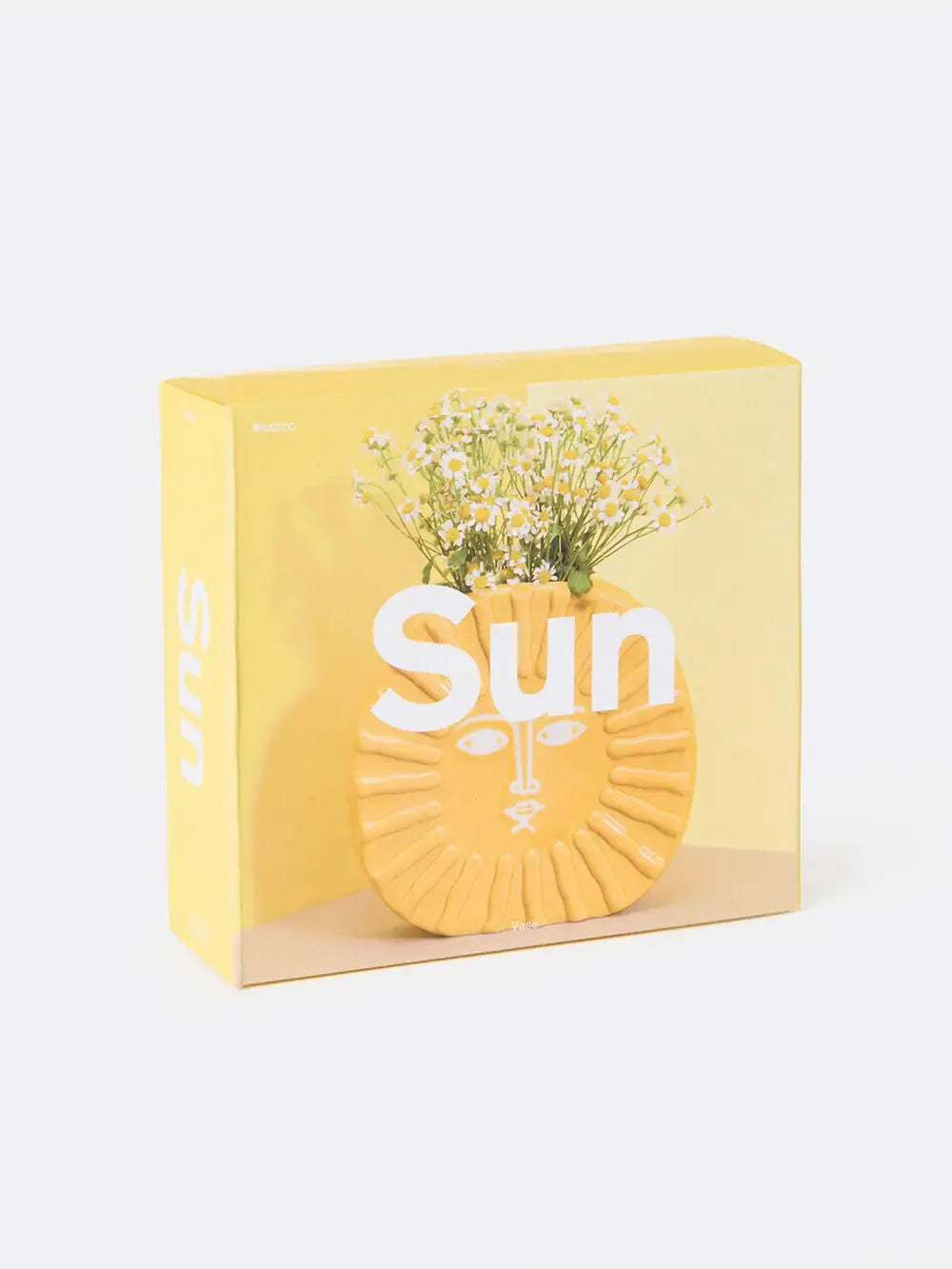 Vase Soleil motif solaire jaune en céramique avec visage souriant et marguerites blanches