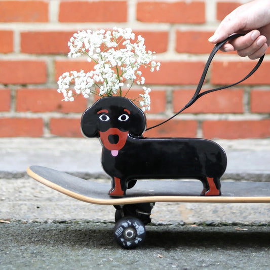 Vase Teckel Dachshund : pot à fleurs dachshund noir avec fleurs blanches sur skate, touche d’originalité et énergie positive